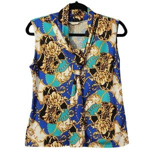 Tiffany & Grey Women's Blue Baroque Chain Leopard  Blouse XL Petite